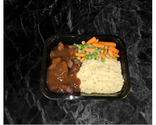 Home made beef stew,  mashed potatoes carrots and peas